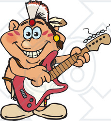 Clipart of a Cartoon Happy Native American Man Playing an Electric Guitar - Royalty Free Vector Illustration
