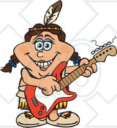 Clipart of a Cartoon Happy Native American Woman Playing an Electric Guitar - Royalty Free Vector Illustration