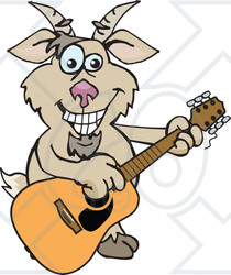 Clipart of a Cartoon Happy Goat Playing an Acoustic Guitar - Royalty Free Vector Illustration