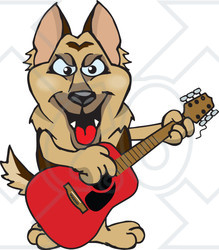 Clipart of a Cartoon Happy German Shepherd Dog Playing an Acoustic Guitar - Royalty Free Vector Illustration