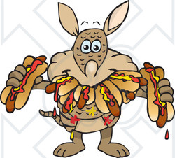 Clipart of a Hungry Armadillo Shoving Weenies in His Mouth at a Hot Dog Eating Contest - Royalty Free Vector Illustration