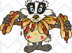 Clipart of a Hungry Badger Shoving Weenies in His Mouth at a Hot Dog Eating Contest - Royalty Free Vector Illustration