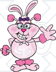 Clipart of a Cartoon Pink Poodle Dog Wearing Easter Bunny Ears and Waving - Royalty Free Vector Illustration
