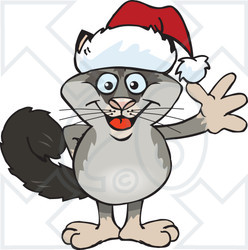 Clipart of a Cartoon Happy Possum Wearing a Christmas Sant Hat and Waving - Royalty Free Vector Illustration