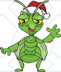 Clipart of a Cartoon Happy Praying Mantis Wearing a Christmas Santa Hat and Waving - Royalty Free Vector Illustration