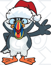 Clipart of a Cartoon Happy Puffin Bird Wearing a Christmas Sant Hat and Waving - Royalty Free Vector Illustration