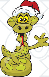 Clipart of a Cartoon Happy Python Snake Wearing a Christmas Sant Hat and Waving - Royalty Free Vector Illustration
