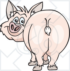 Clipart of a Cartoon Happy Pink Pig Looking Back, with His Butt in Front View - Royalty Free Vector Illustration
