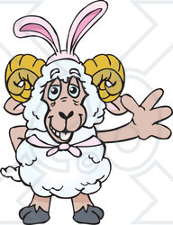Clipart of a Cartoon Happy Ram Wearing Easter Bunny Ears and Waving - Royalty Free Vector Illustration