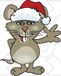 Clipart of a Cartoon Happy Brown Rat Wearing a Christmas Santa Hat and Waving - Royalty Free Vector Illustration