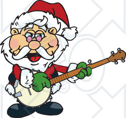 Clipart of a Cartoon Christmas Santa Claus Playing a Banjo - Royalty Free Vector Illustration