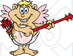 Clipart of a Happy Valentines Day Cupid Playing a Banjo - Royalty Free Vector Illustration