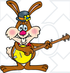 Clipart of a Happy Brown Easter Bunny Rabbit Playing a Banjo - Royalty Free Vector Illustration