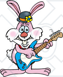 Clipart of a Happy Pink Easter Bunny Rabbit Playing an Electric Guitar - Royalty Free Vector Illustration