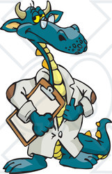 Royalty-Free (RF) Clipart Illustration of a Dragon Scientist, Doctor, Or Professor In A Lab Coat, Holding A Clipboard