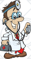 Royalty-Free (RF) Clipart Illustration of a Male Caucasian Doctor Carrying A First Aid Kit, Wearing A Headlamp And Holding A Stethoscope