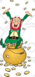 Clipart Illustration of a Greedy And Rich Leprechaun Sitting Atop A Pot Of Gold, Tossing Coins Into The Air