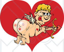 Clipart Illustration of a Mischievous Cupid Shooting Arrows And Showing Off The Lipstick Kisses On His Butt