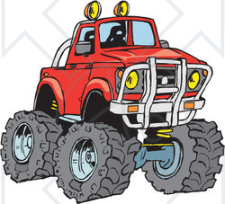 Clipart Illustration of a Big Red Pickup Truck With A Lift And Huge Tires, Ready For Off Roading