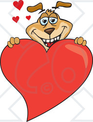 Clipart Illustration of a Loving Brown Dog Grinning And Holding Up A Giant Red Shiny Heart, With Other Hearts Behind Him