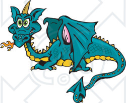 Clipart Illustration of a Teal Dragon With An Orange Belly And Green Eyes, Burping Fire