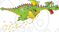Clipart Illustration of a Green Dragon With Purple Spots, Stealing A Pot Of Gold Coins, Some Falling As He Flies Away