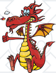 Clipart Illustration of a Red Dragon Snorting Flames, Grinning And Gesturing The Thumbs Up