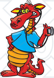 Clipart Illustration of a Red Doctor Dragon In A Blue Shirt, Holding A Stethoscope To An Invisible Item