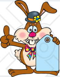 Clipart Illustration of a Bunny Rabbit In A Hat, Holding Up A Blank Blue Price Tag