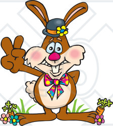 Clipart Illustration of a Bunny Rabbit Standing In Flowers And Carrots, Gesturing A Peace Sign