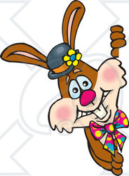 Clipart Illustration of a Bunny Rabbit In A Hat And Tie, Looking Around A Corner
