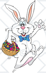 Clipart Illustration of a Waving White Rabbit Hopping Past With Easter Eggs In A Basket