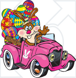 Clipart Illustration of a Bunny Rabbit Waving And Driving A Pink Pickup Truck With Easter Eggs In The Back