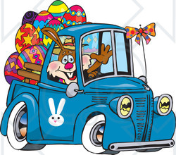 Clipart Illustration of a Bunny Rabbit Waving And Driving A Blue Pickup Truck With Easter Eggs In The Back