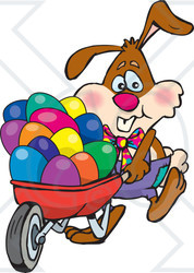 Clipart Illustration of a Bunny Rabbit Pushing Colorful Easter Eggs In A Red Wheelbarrow