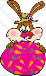 Clipart Illustration of a Hungry Bunny Rabbit Licking His Lips And Touching A Pink Easter Egg With Carrot Patterns On It
