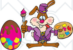 Clipart Illustration of a Bunny Rabbit Artist Painting An Easter Egg With A Brush