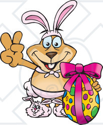 Clipart Illustration of a Dog Wearing Bunny Ears And Slippers, Signaling The Peace Sign And Standing With An Easter Egg