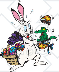 Clipart Illustration of a Alligator Hatching Out Of An Easter Egg, Scaring A White Rabbit