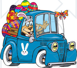Clipart Illustration of a Dog Wearing Bunny Ears, Waving And Driving A Blue Pickup Truck With Easter Eggs In The Back