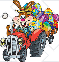 Clipart Illustration of a Bunny Rabbit Farmer Driving A Red Tractor And Transporting Easter Eggs In A Cart