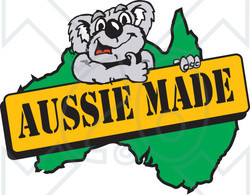 Clipart Illustration of a Koala Giving The Thumbs Up On An Aussie Made Sign Over A Map