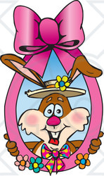 Clipart Illustration of a Happy Brown Easter Bunny Looking Through A Pink Ribbon With Flowers