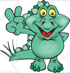 Clipart Illustration of a Peaceful Green Stegosaur Dinosaur Smiling And Gesturing The Peace Sign With His Hand