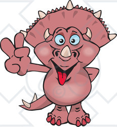 Clipart Illustration of a Peaceful Pink Triceratops Dinosaur Smiling And Gesturing The Peace Sign With His Hand
