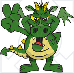Clipart Illustration of a Peaceful Dragon Smiling And Gesturing The Peace Sign With His Hand