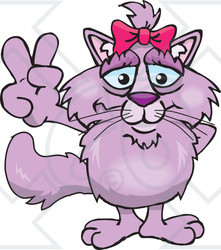 Clipart Illustration of a Peaceful Pink Cat Smiling And Gesturing The Peace Sign With His Hand