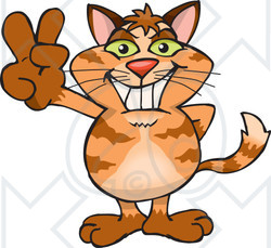 Clipart Illustration of a Peaceful Ginger Cat Smiling And Gesturing The Peace Sign With His Hand