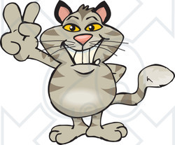 Clipart Illustration of a Peaceful Gray Cat Smiling And Gesturing The Peace Sign With His Hand