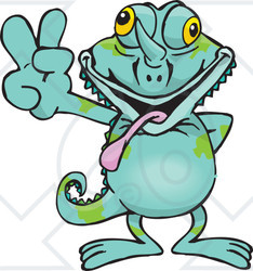 Clipart Illustration of a Peaceful Chameleon Smiling And Gesturing The Peace Sign With His Hand